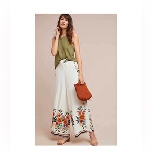 Farm Rio Anthropologie Melila White Floral Print Flared Wide Leg Pants Size M